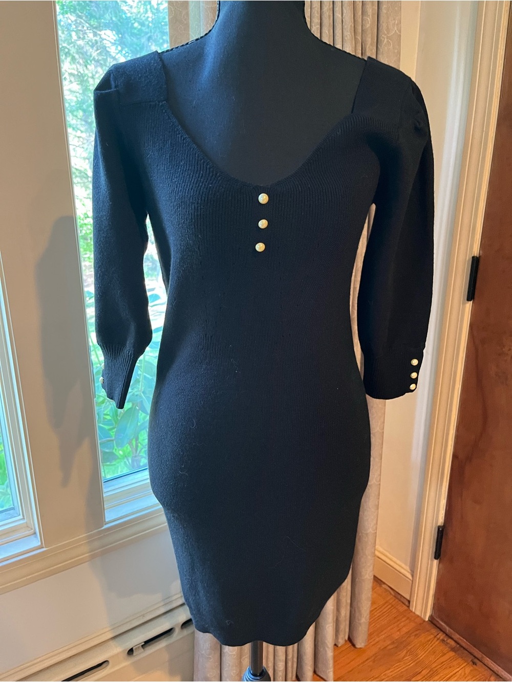 bishop + young Black Knit Dress with Gold Button Accents